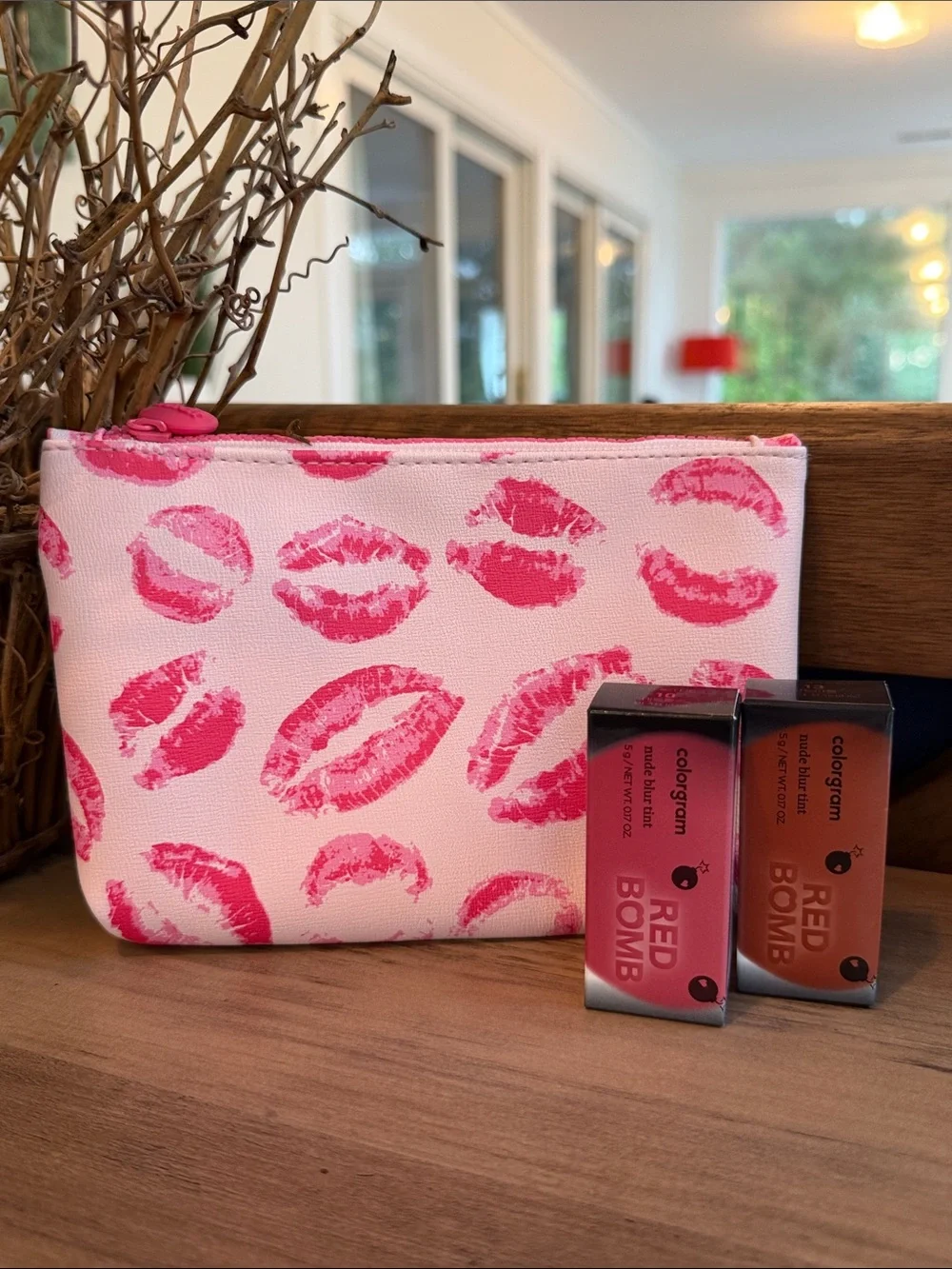 Red Bomb Lip Tint Set with Pink Kiss Cosmetic Bag